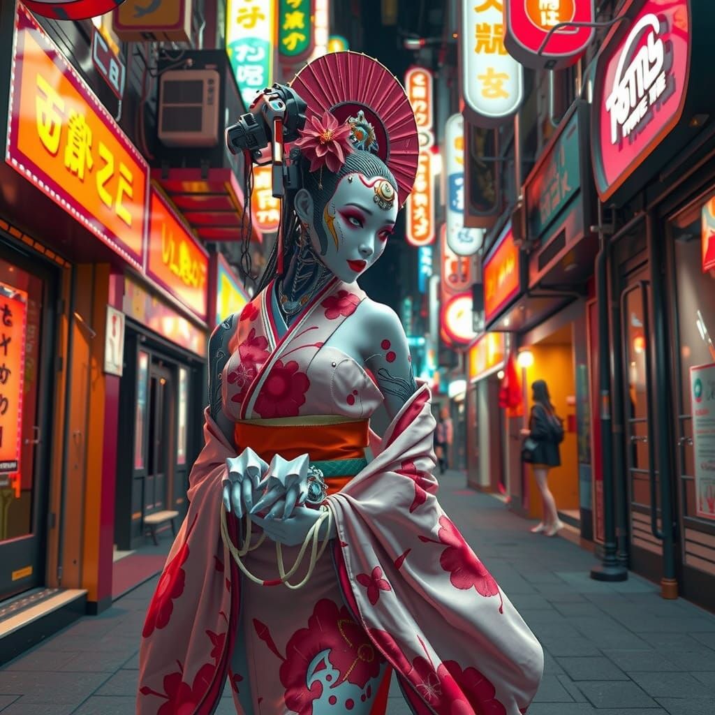 Cyborg Geisha in Neon Alleyway, Splash Art