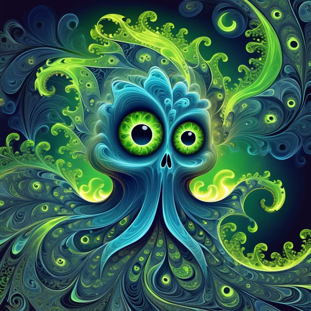 Flaming Blue Ghost with Green Eyes in Fractal Art