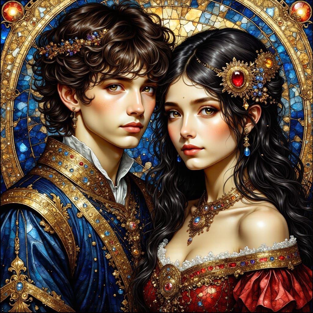 Romantic Couple in Ornate, Sparkling Impressionist Portrait