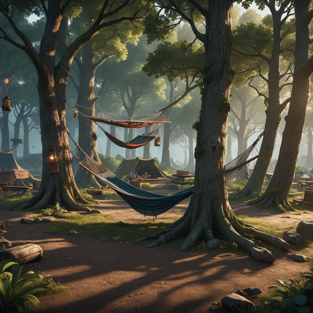 Peaceful Campsite with Hammock: Fantasy Concept Art