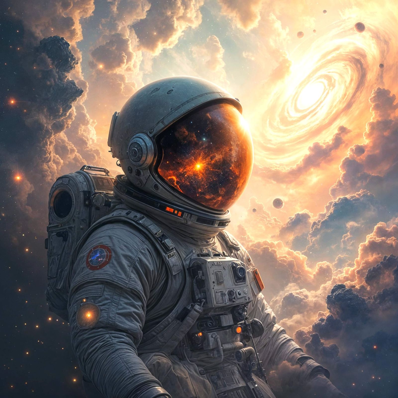 Astronaut Adrift in Cosmic Nebula, Reflecting Alien Galaxy