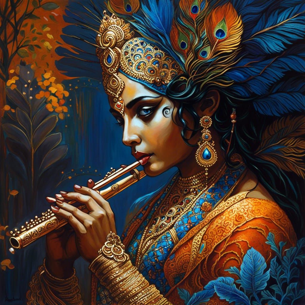 Lord Krishna Playing Flute in Fantasy Lace Art