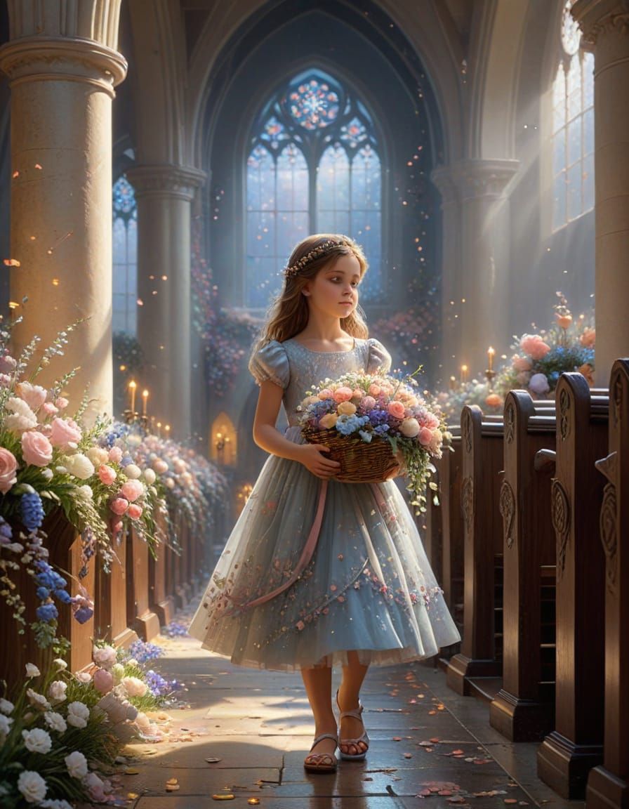 Ethereal Fantasy: Girl with Flower Petals in Church