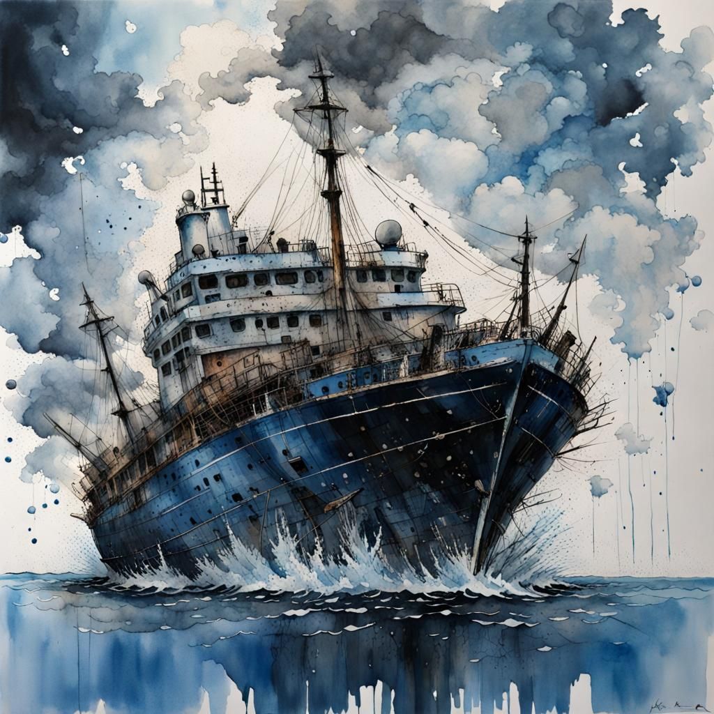 Ship in Stormy Sea Watercolor Painting