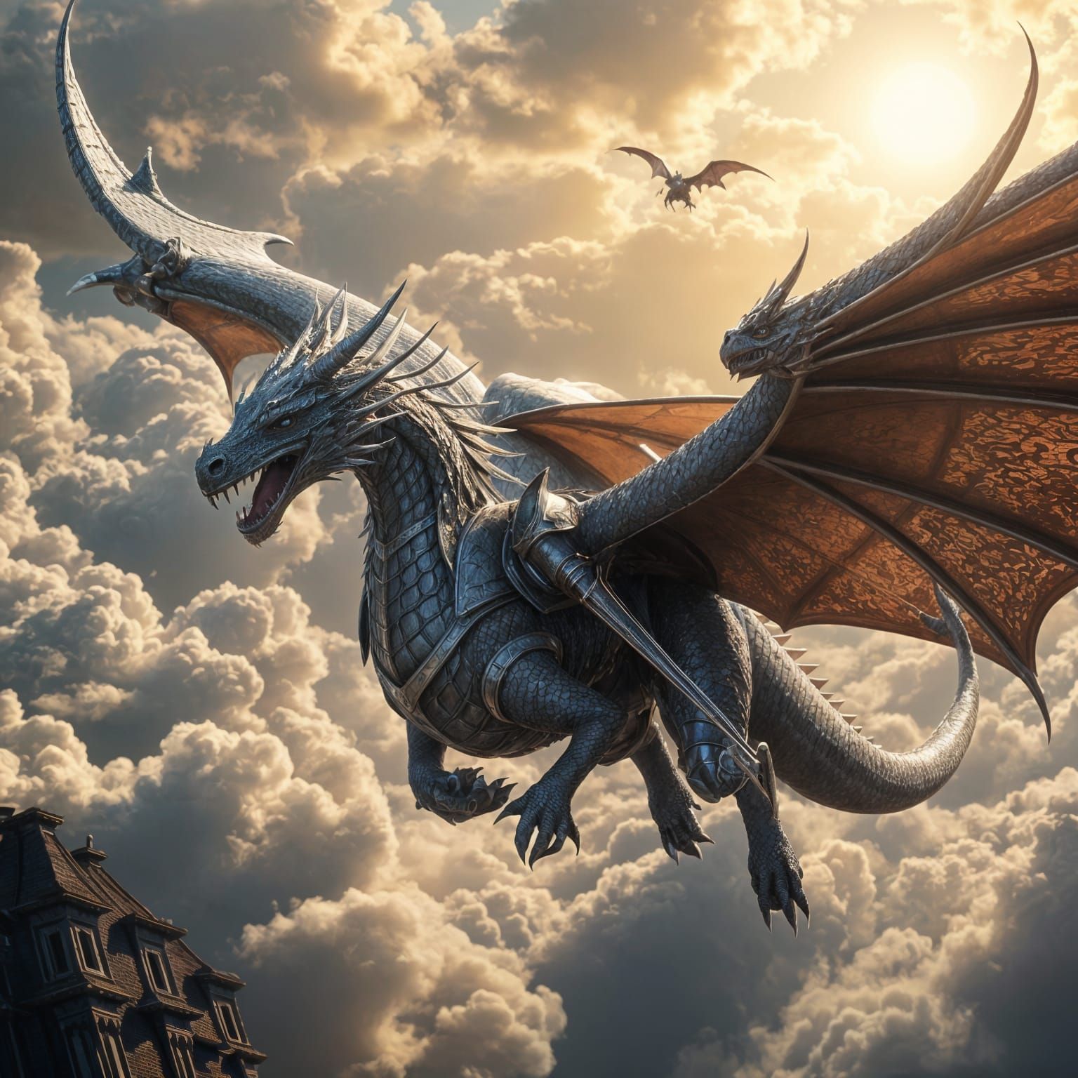 Epic Dragon Knight Soars Through Clouds in Shining Silver Ar...