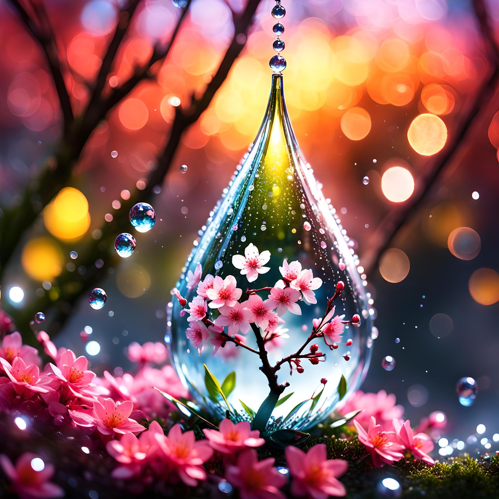 Sakura Tree in Dewdrop: Hyper-Detailed Digital Art