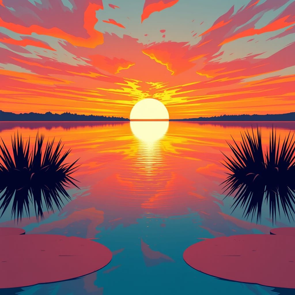 Vibrant Pop Art Pond Reflecting Endless Dawns and Dusks