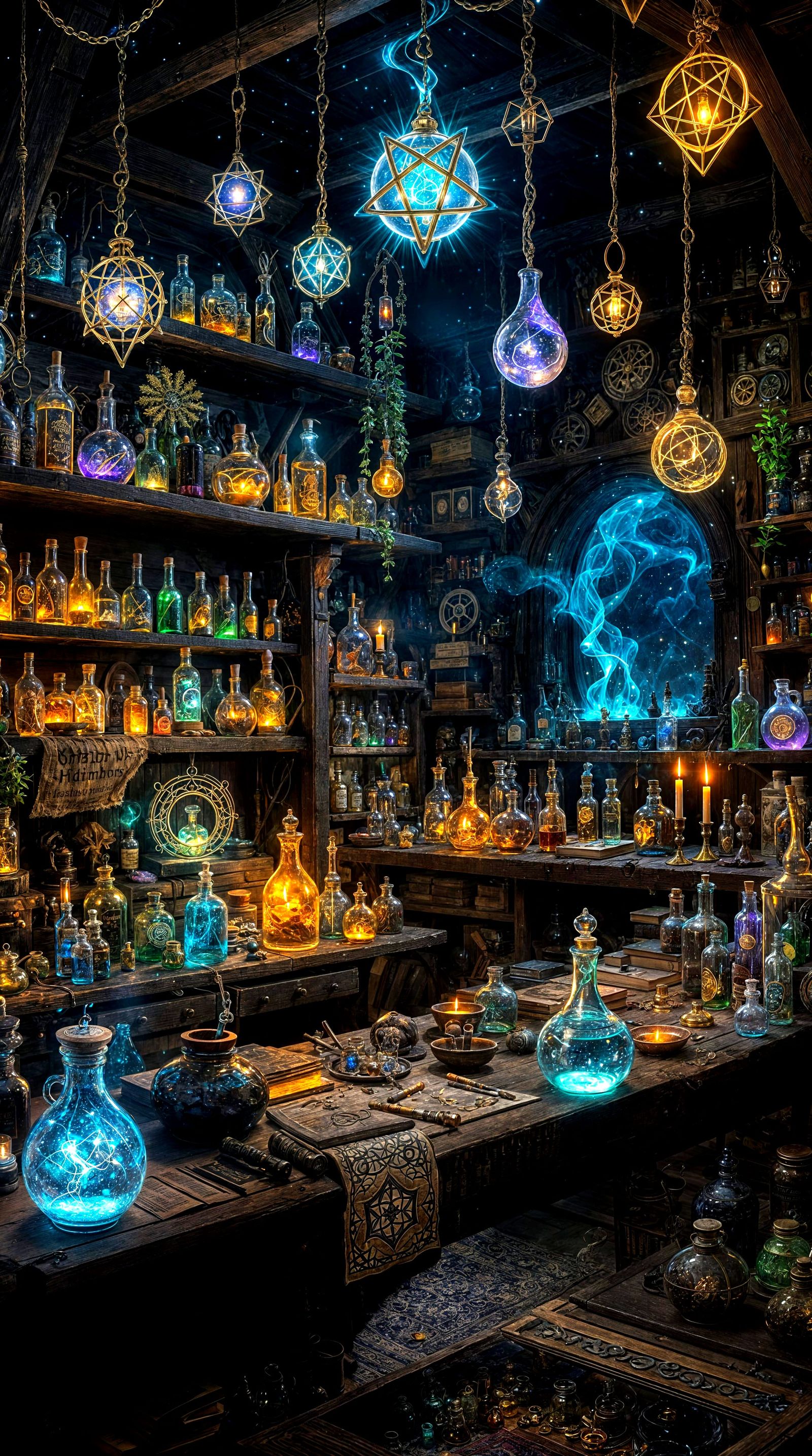 Mystical Wizard's Apothecary in Dimly Lit Workshop