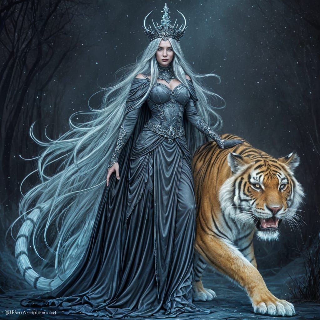 The Crystal-Crowned Sorceress with Ghostly Tiger Companion