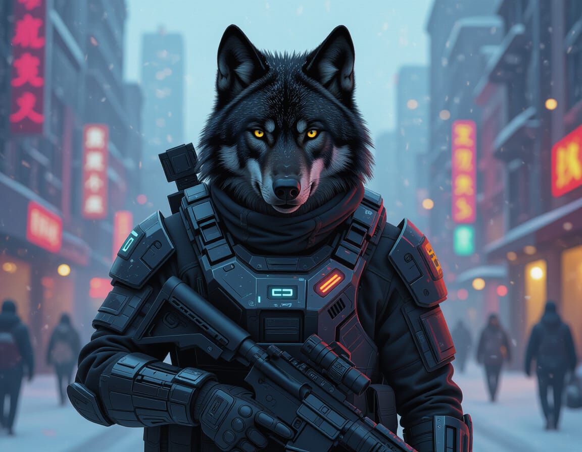 Armored Wolf in Dystopian Cyberpunk Landscape