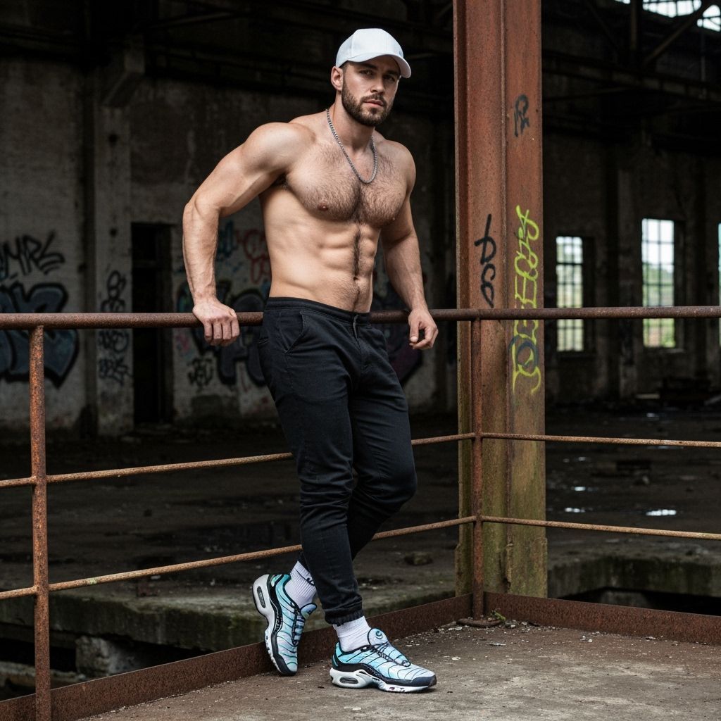 Fashion Portrait of Muscular Man in Old Factory