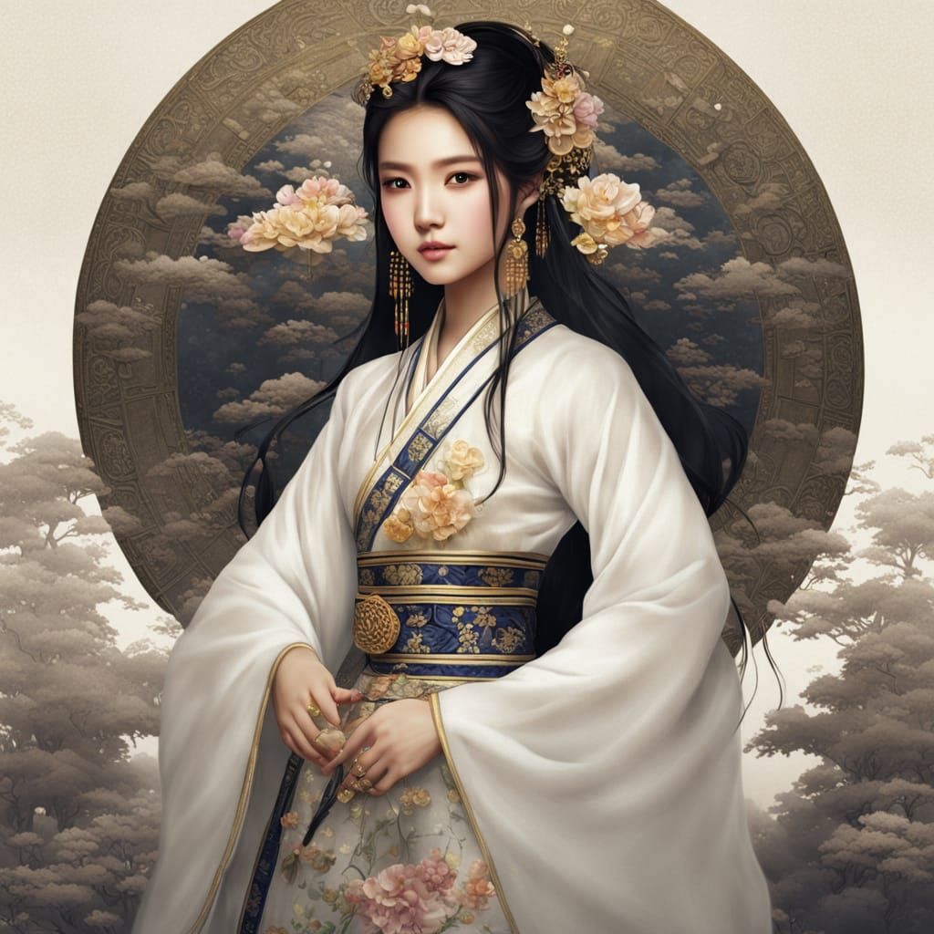 Beautiful Asian Woman in Traditional Golden Attire