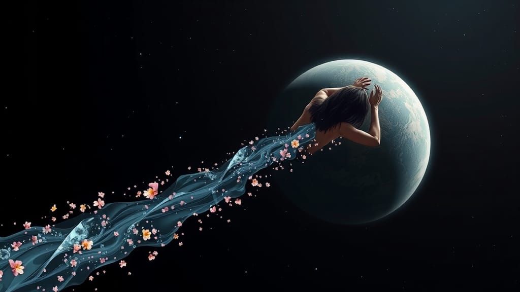 Woman in Space with River of Light, Comic Art Style