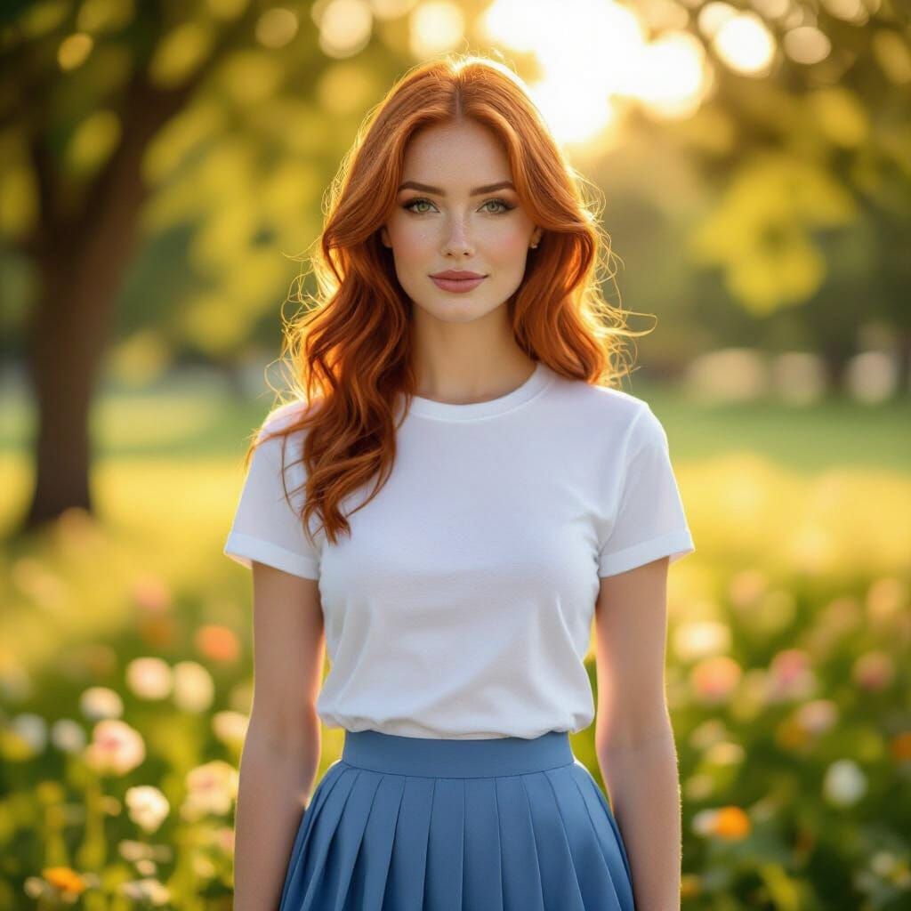Redhead Woman in White T-Shirt and Blue Skirt in Park