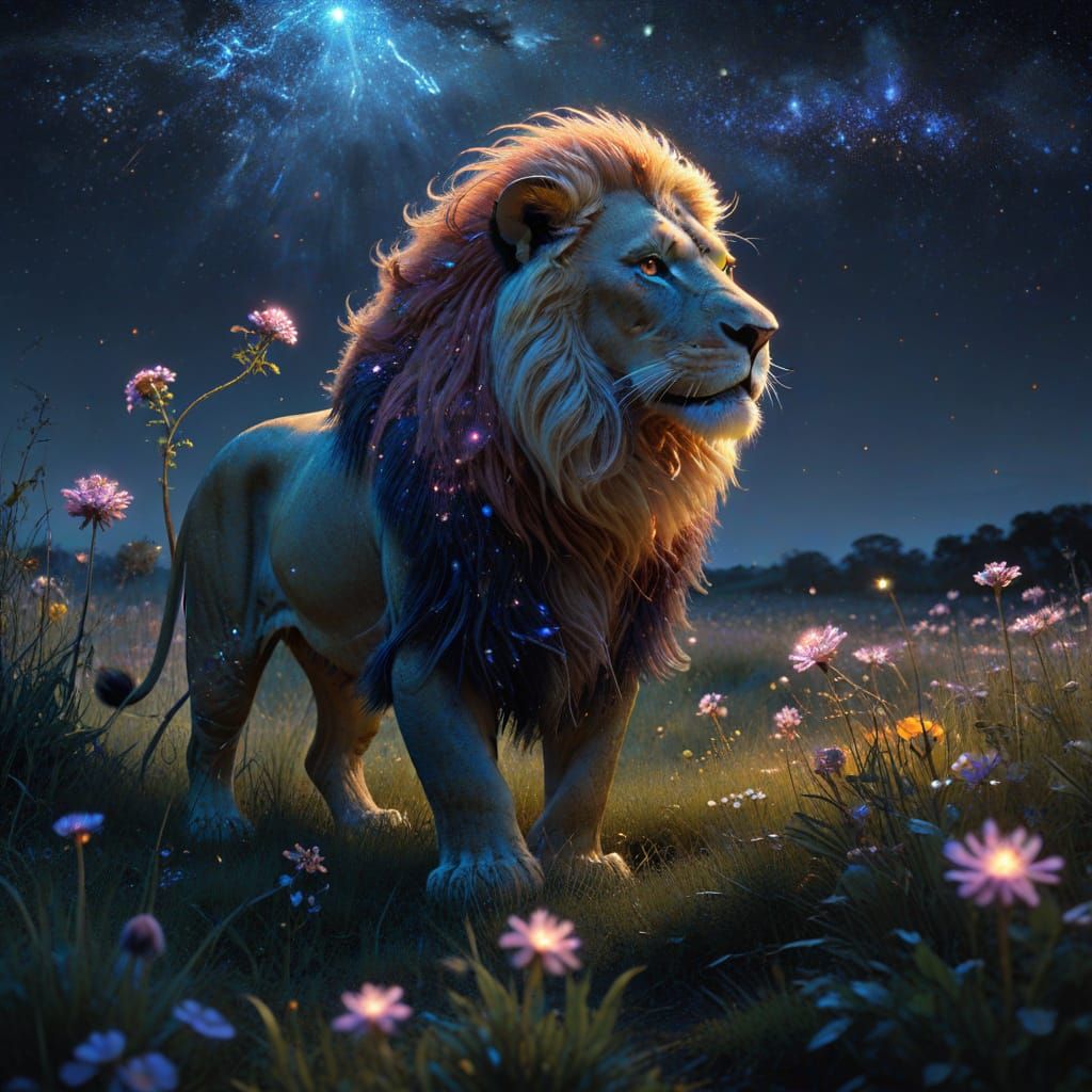 Starlight Lion in Alien Field: A Fantasy Art Piece