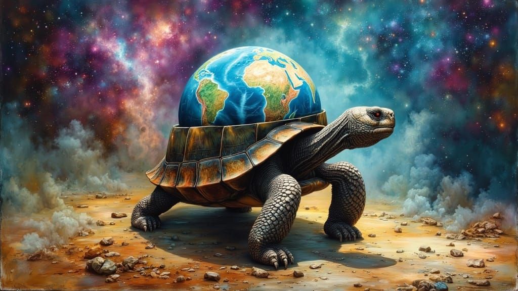 Cosmic Tortoise Balancing Earth Disc, High Detail Painting