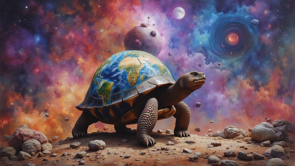 Cosmic Tortoise Balancing Earth Disc