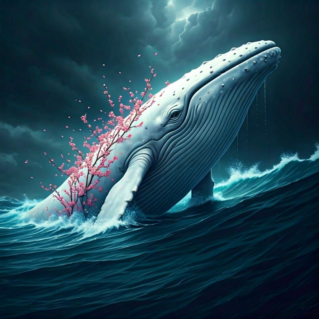 Majestic White Whale with Blossoms in Stormy Seas