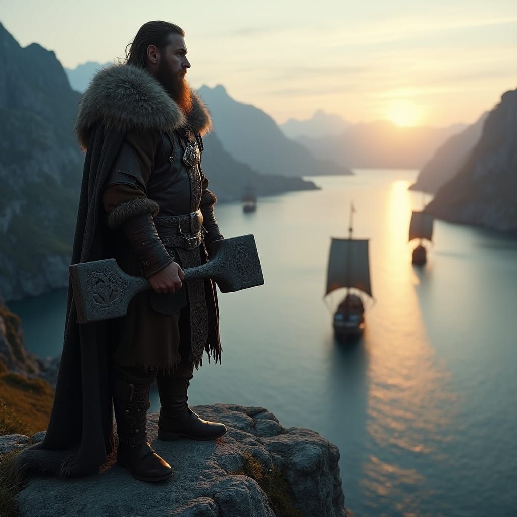 Viking Warrior Amidst Norway's Majestic Fjords