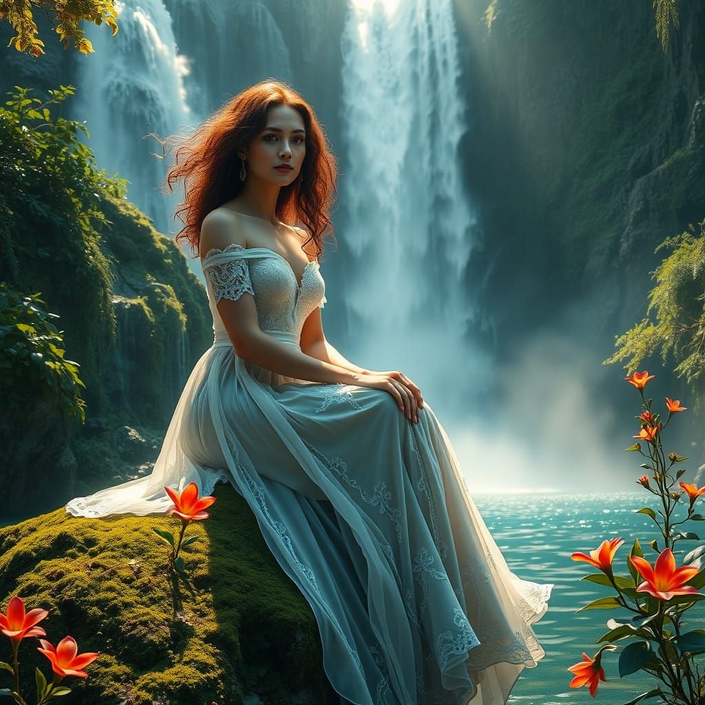 Serene Waterfall Enchantress in Dreamlike Beauty