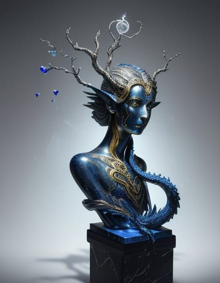 Surreal Lapis Lazuli Dragon Tree Statue with Crystal Branche...
