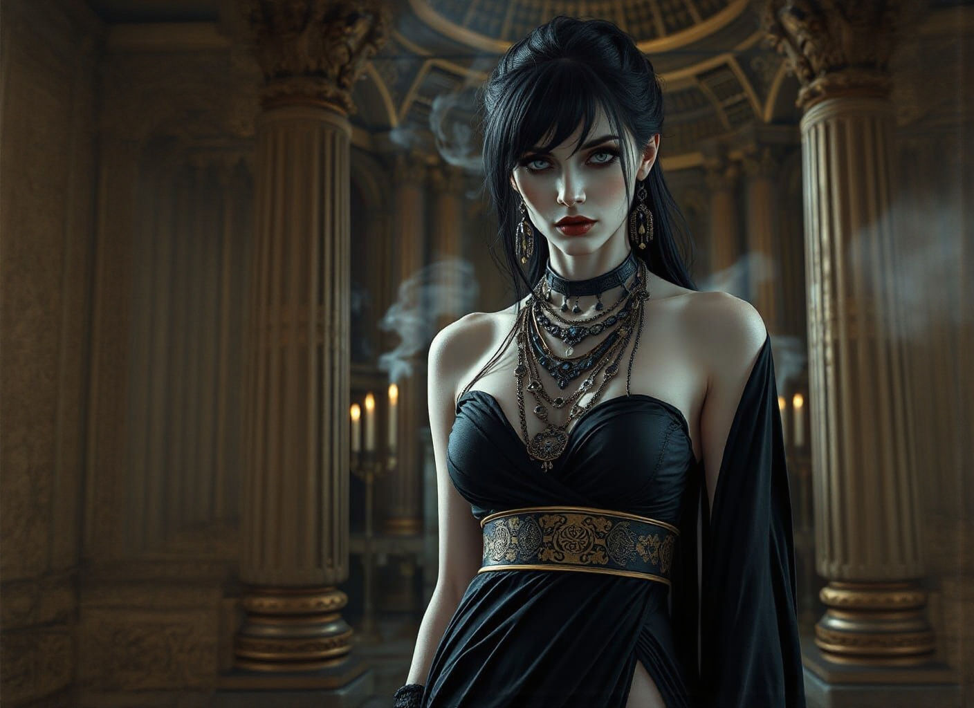 Vampire Goddess in Greek Temple: Dark Fantasy Art