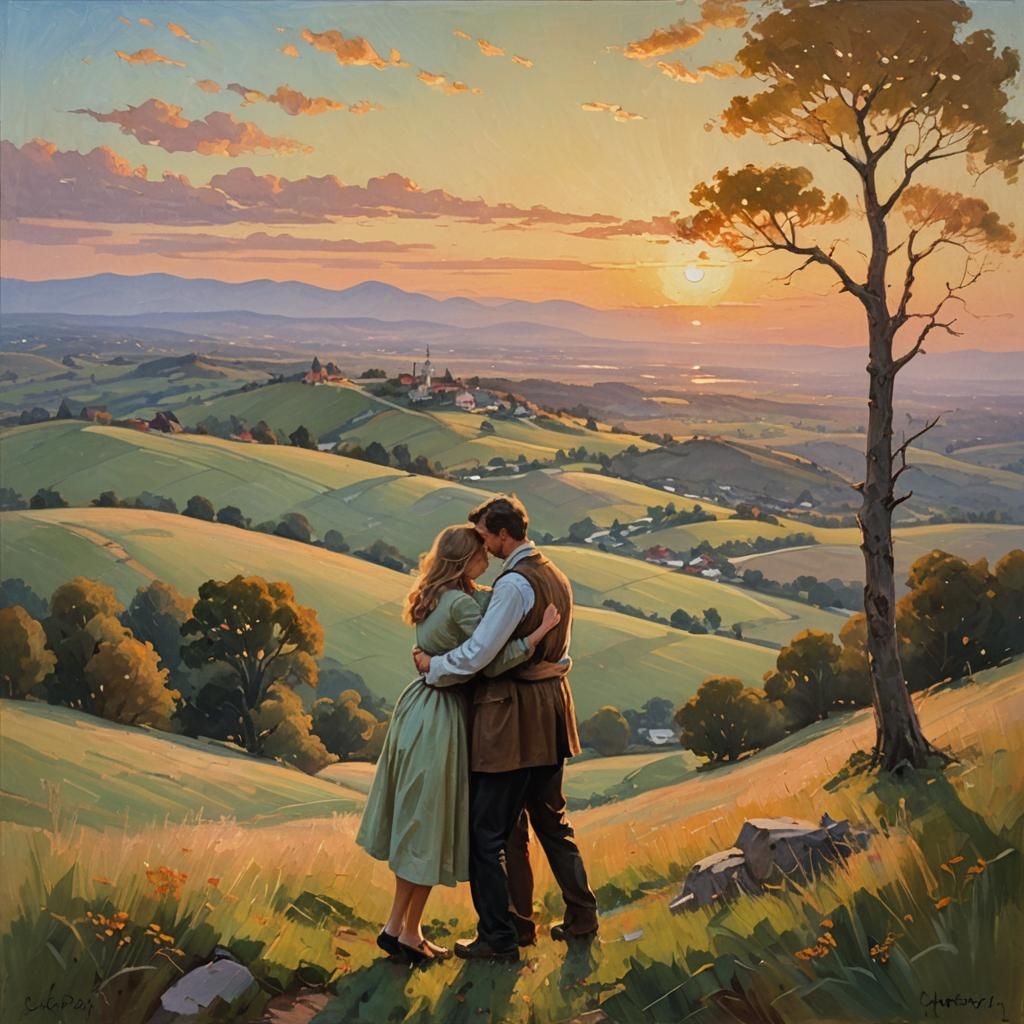 Lovers Embrace at Sunset: An Impressionist Oil Painting