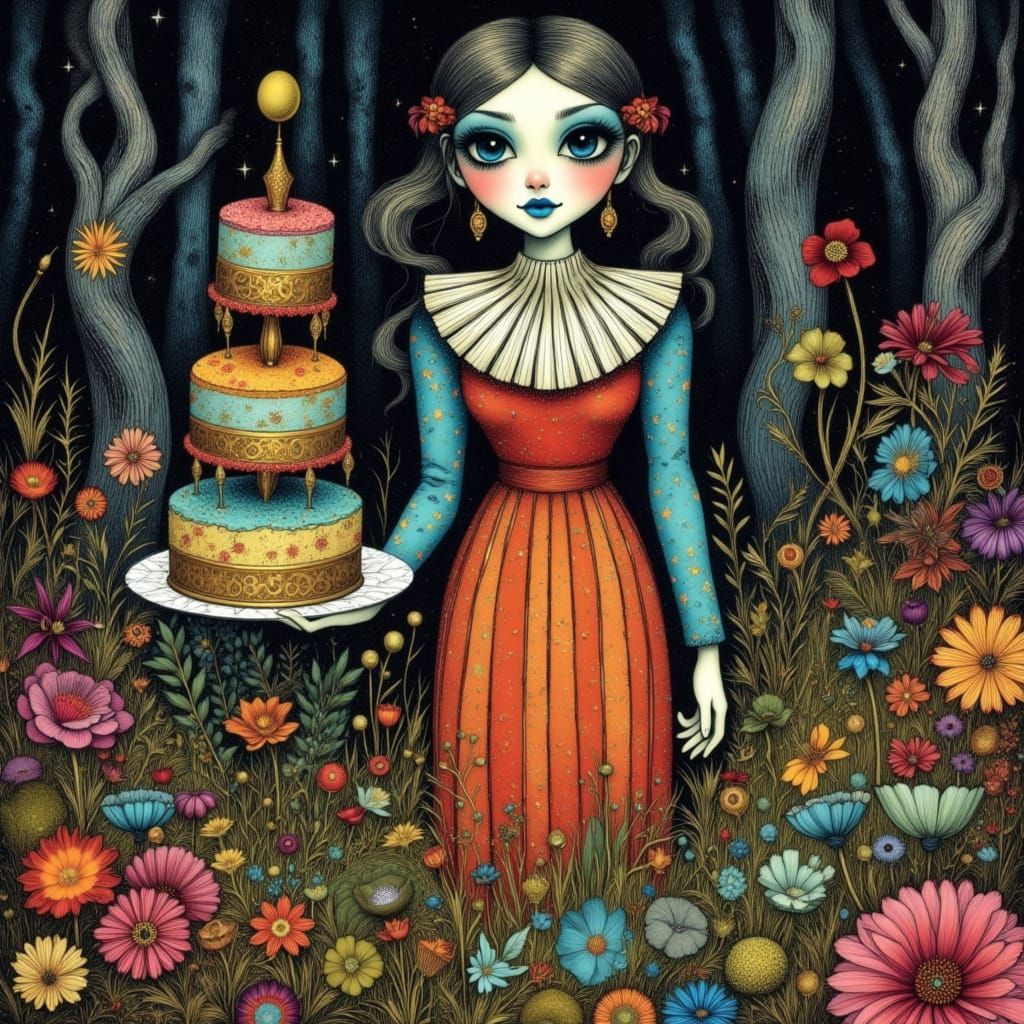 Eccentric Woman with Cake in Surreal Burtonesque Forest