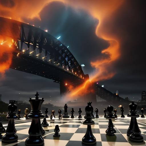 Sydney Harbour Bridge Chess Game in Watercolor Style