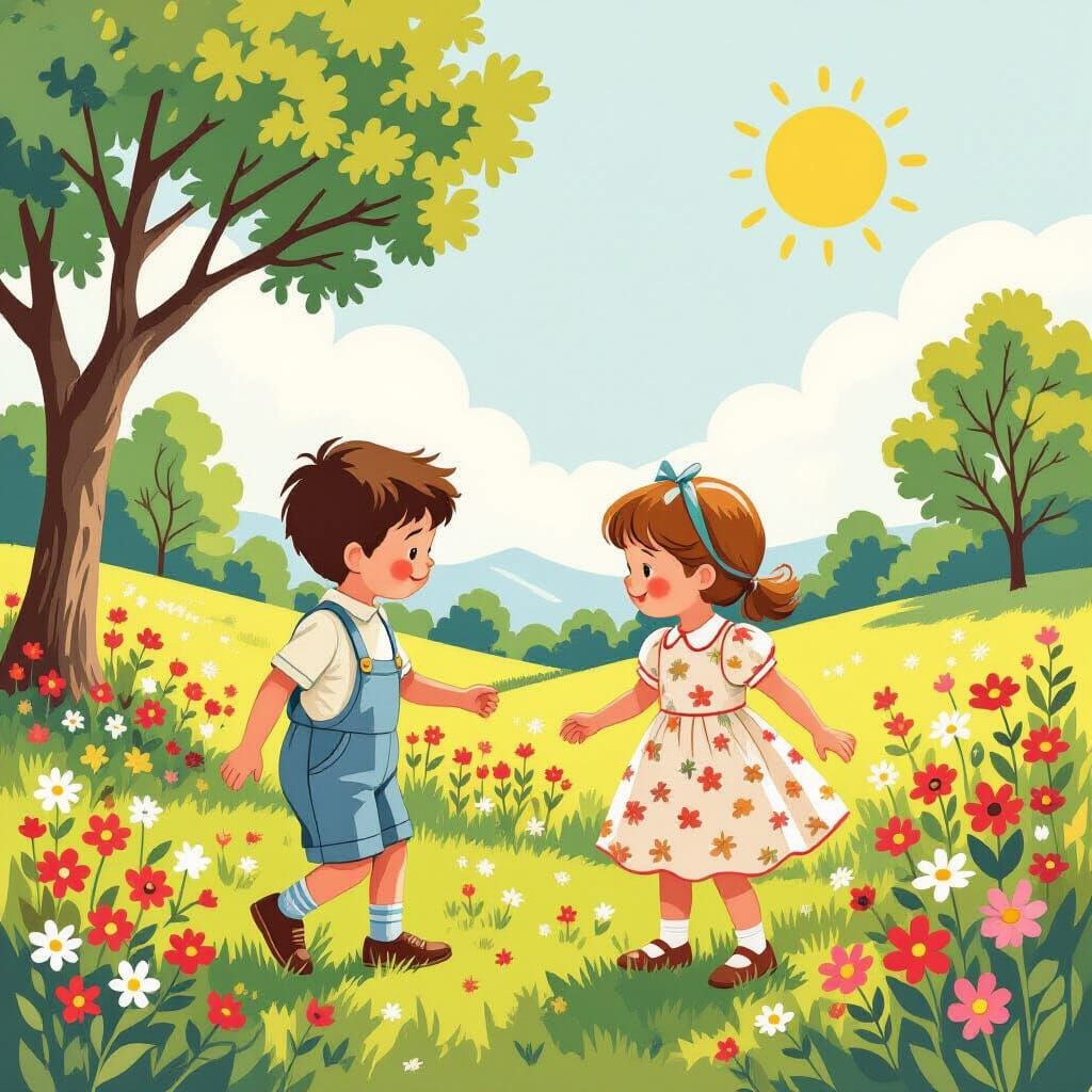 Children Playing in Summer Landscape as Impressionist Art