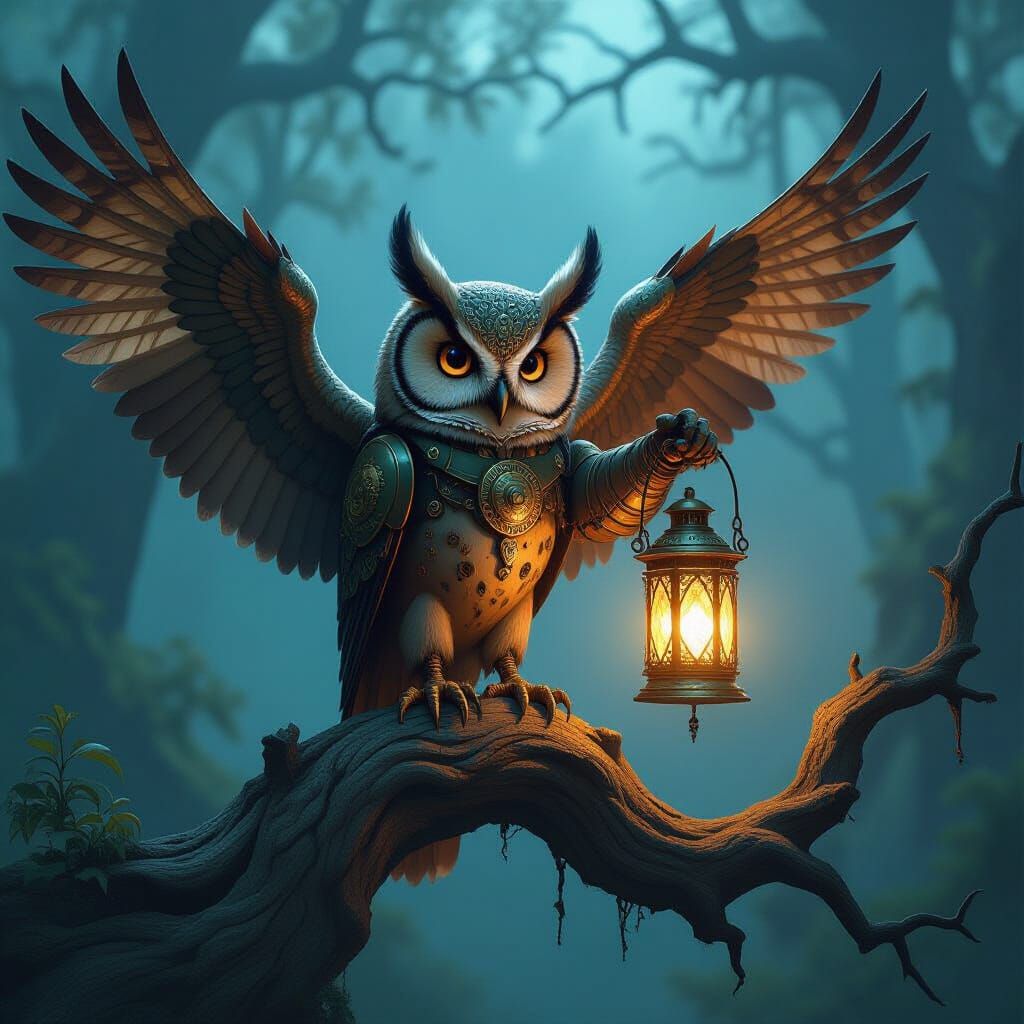 Clockwork Owl with Lantern in Steampunk Forest