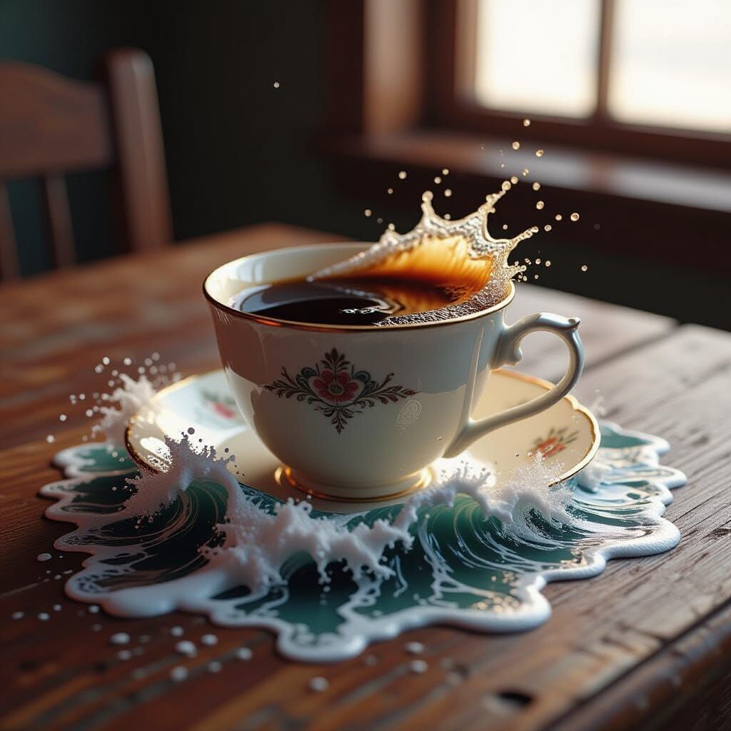 Coffee Cup Ocean in Surreal Digital Art Style
