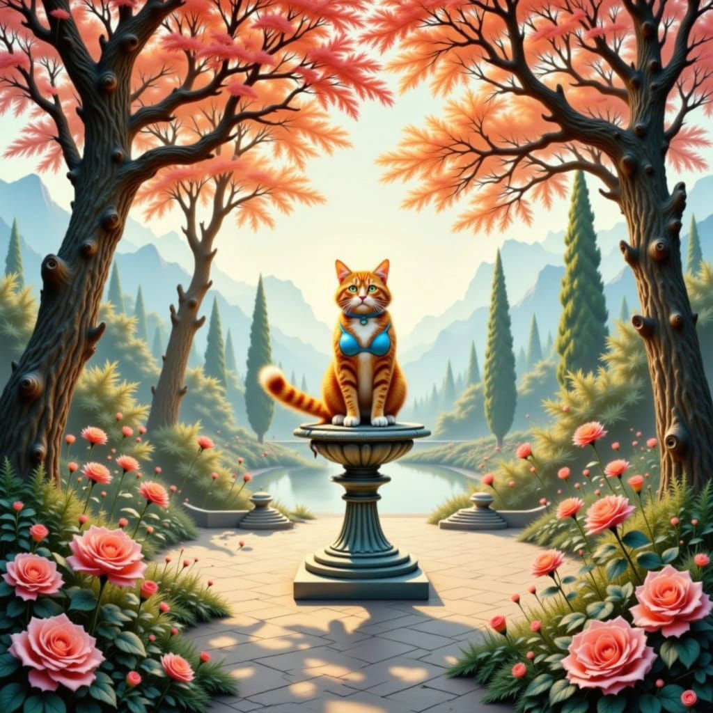 Anthropomorphic Cat in Bikini on Pedestal