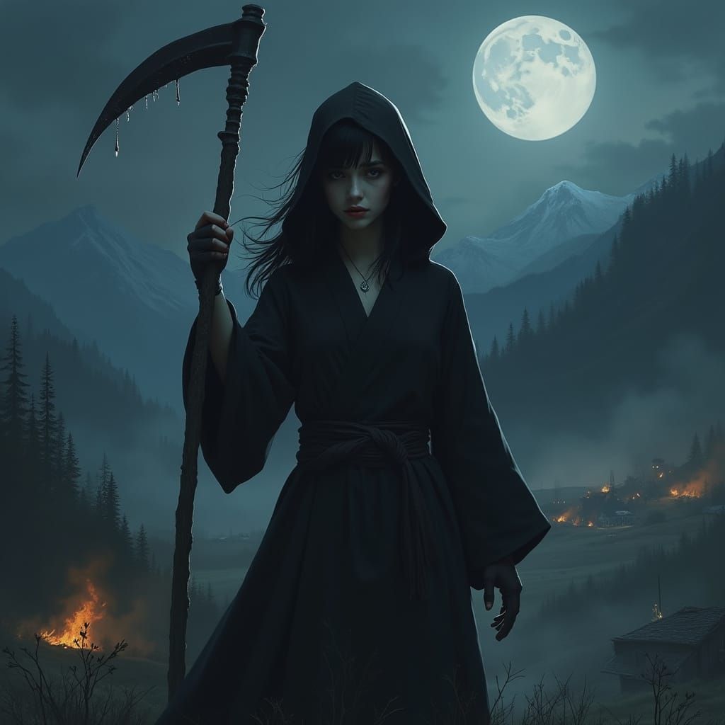 Eerie Woman in Grim Reaper Robe with Scythe