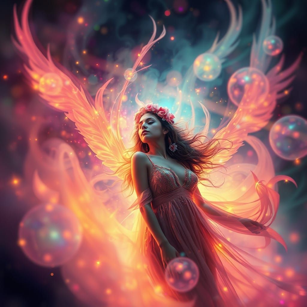 Ethereal Woman in Vibrant, Blurred Colors, Surrounded by Glo...