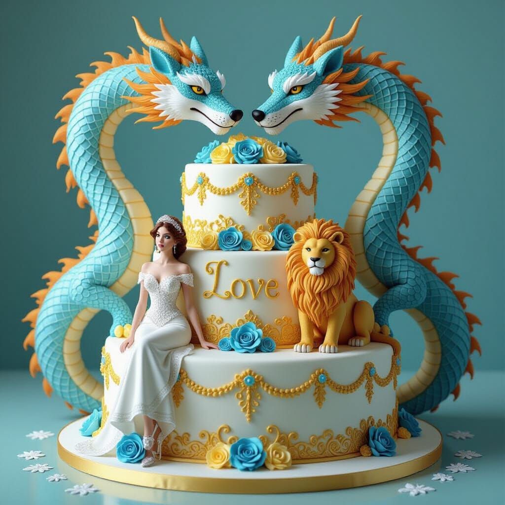 Fantastical Love Cake with Dragons and Figures