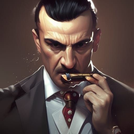 Italian Mob Boss with cigar head and shoulders portrait, 8k resolution concept art portrait by Greg Rutkowski, Artgerm, ...