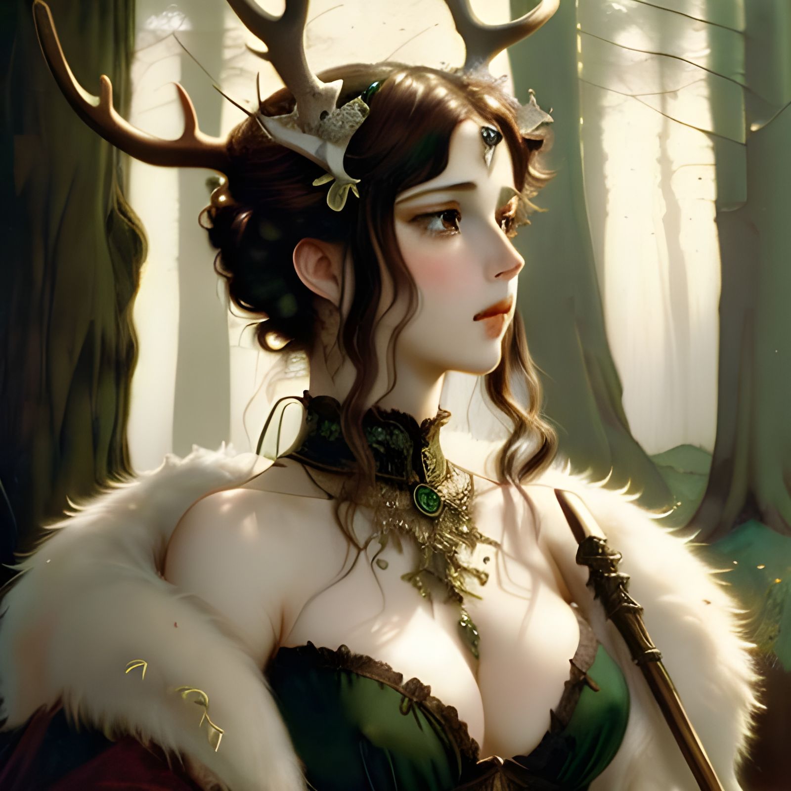 Antlered Princess in Forest, Moody Chiaroscuro Portrait