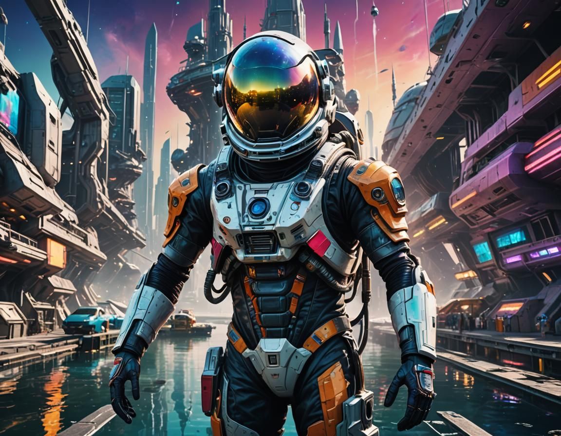 Alien Astronaut in Futuristic Harbor with Spaceship