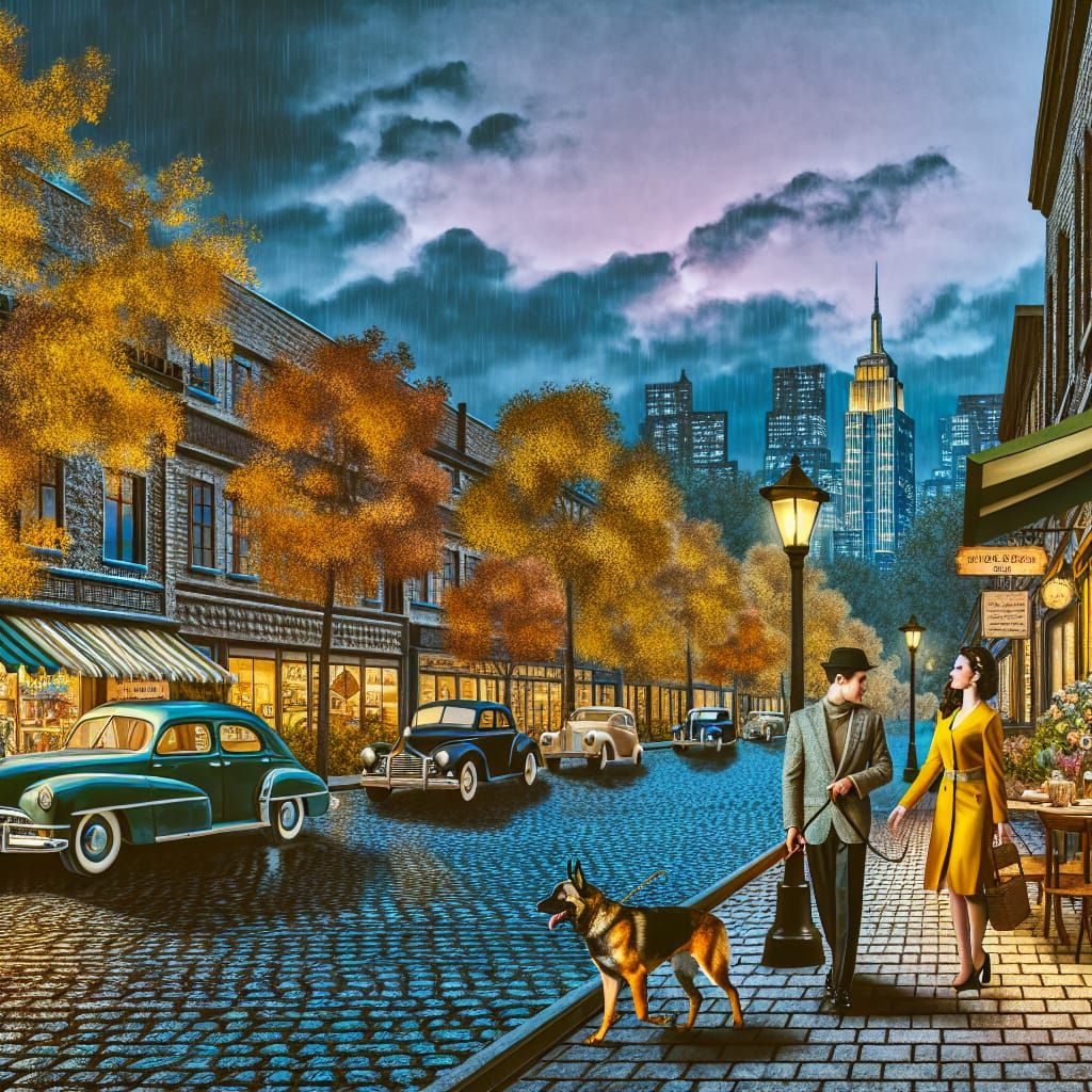 1940s Cityscape Painting with Couple and Dog