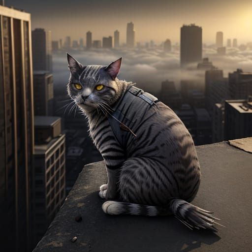 Man and Cat on High Rise Ledge at Sunset