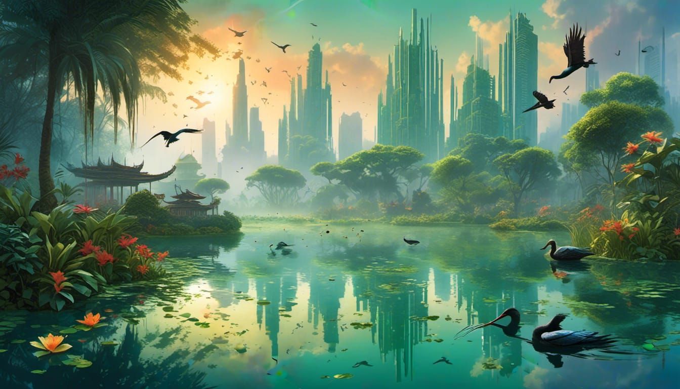 Futuristic Cityscape Silhouette in Watercolor Style