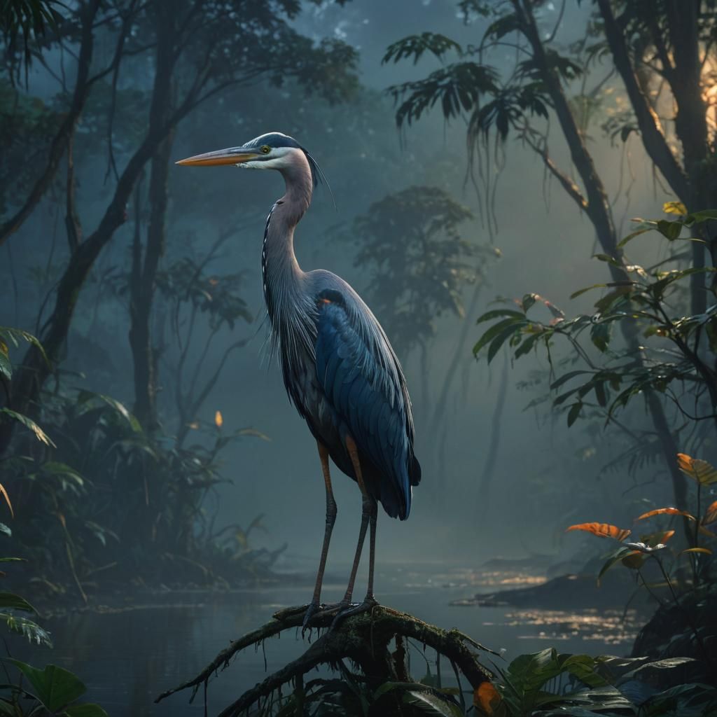 Dusk Heron in Amazon Rainforest: Fantasy Concept Art