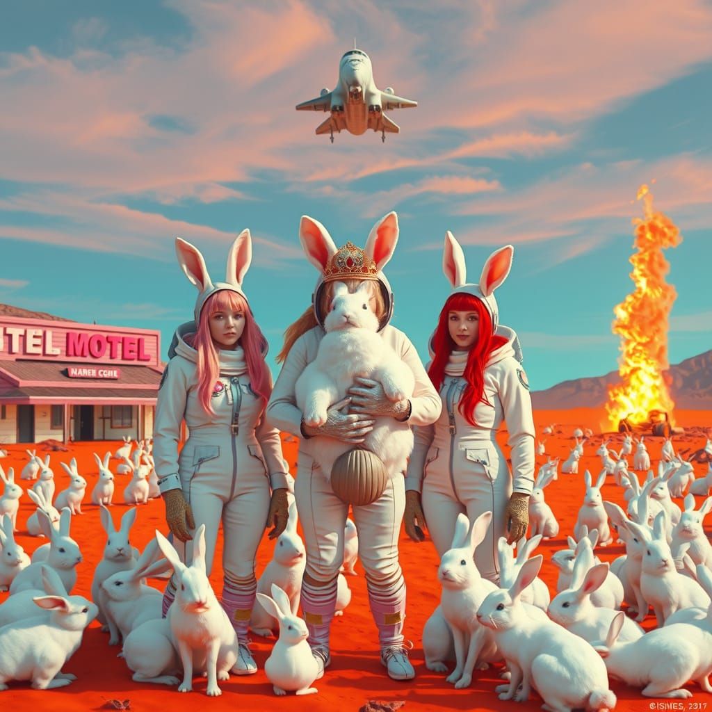 Astronaut Women with Rabbits in Orange Desert