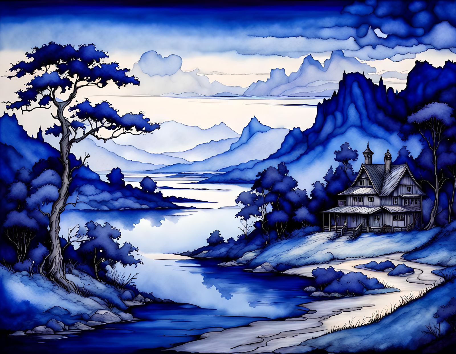 A beautiful landscape scene, palette shades of blue