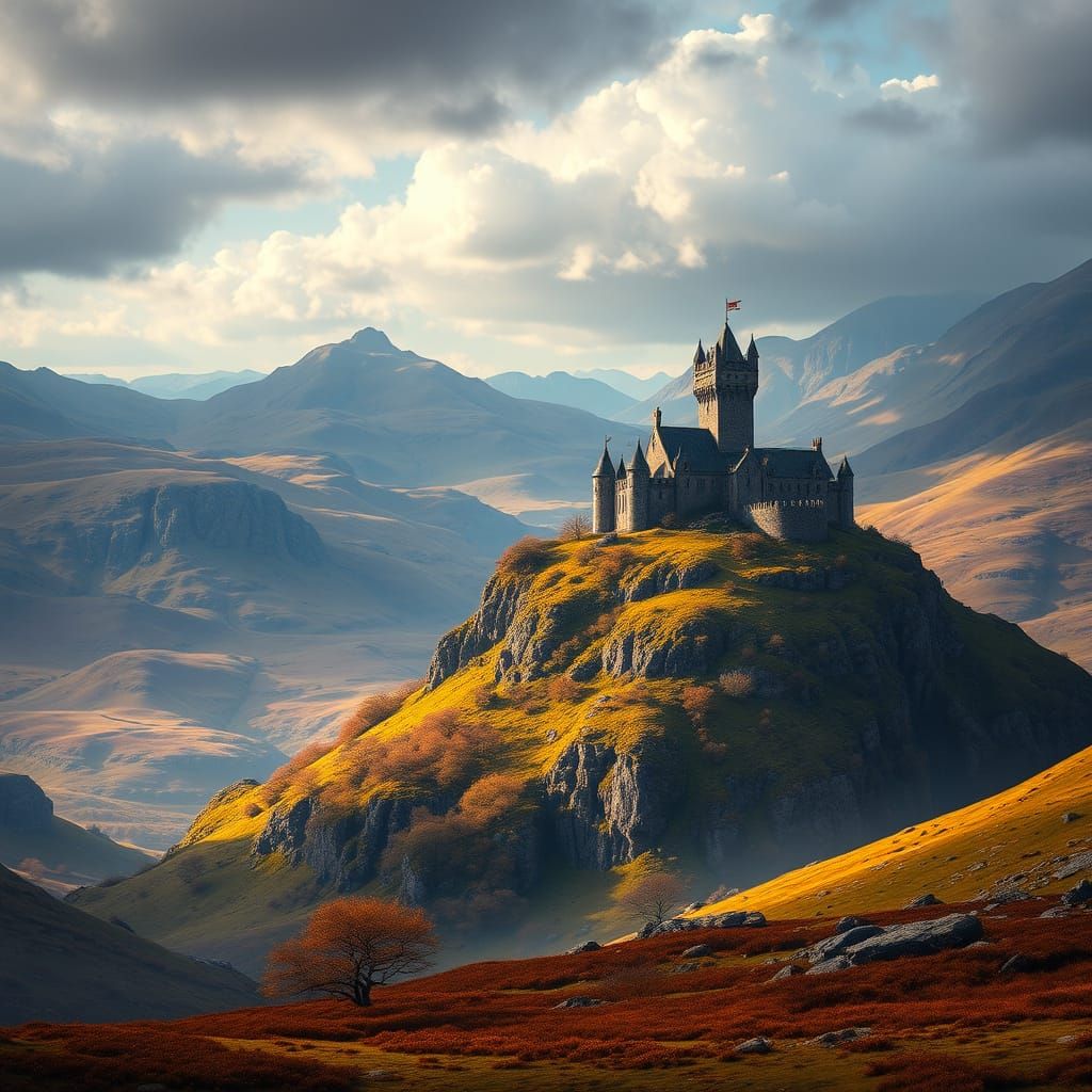 Fantastical Scottish Highlands Castle Landscape in Deep Colo...