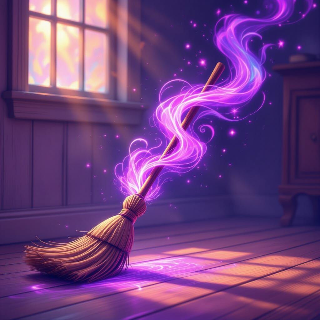 Magical Broom Sweeps Enchanted Floor with Pink and Purple En...
