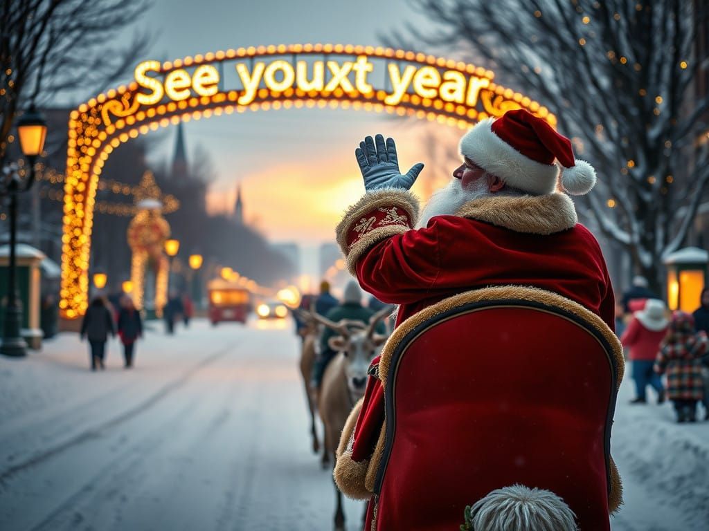 Santa Wishes Children Farewell in Winter Wonderland