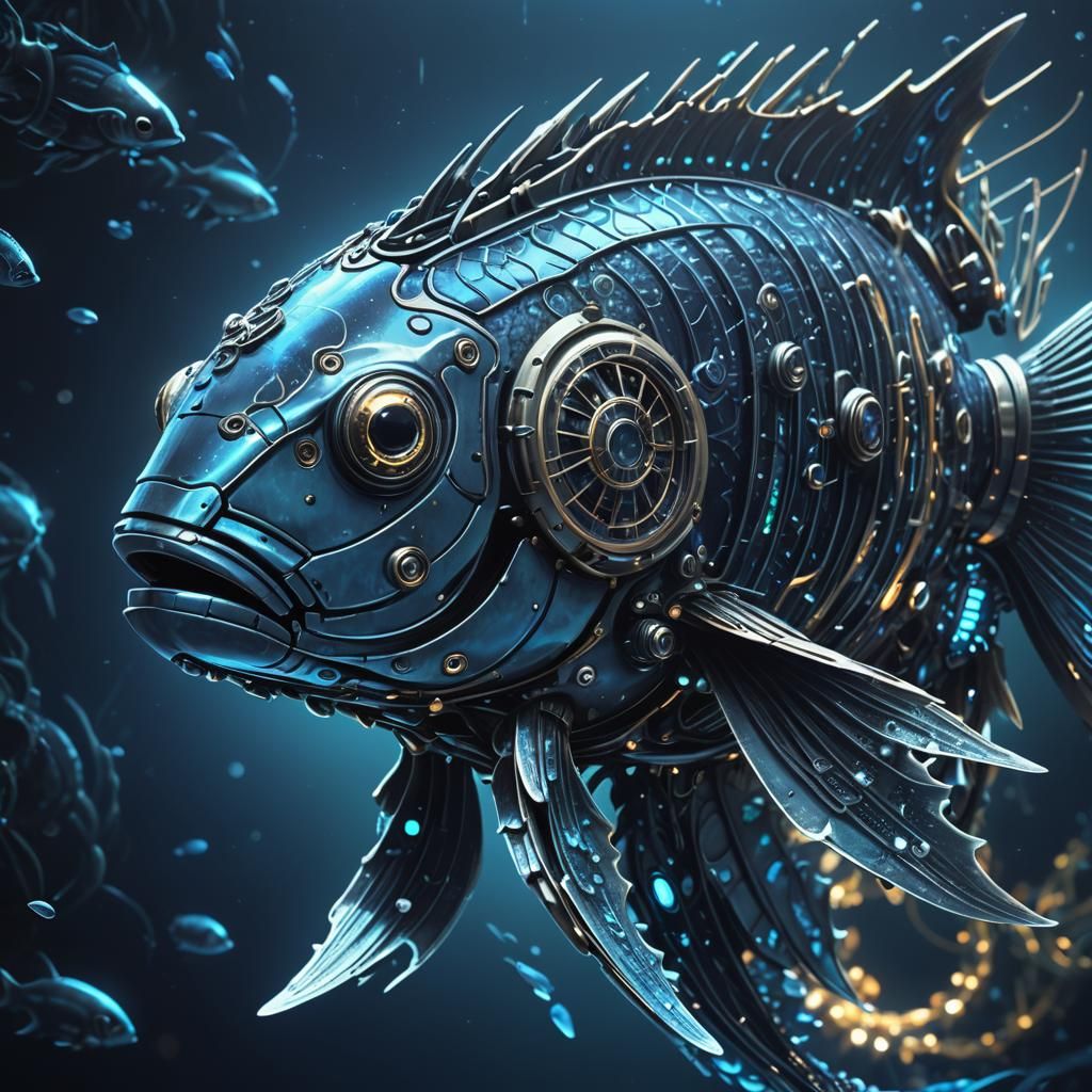 Futuristic Metallic Fish with Glowing Circuits Concept Art