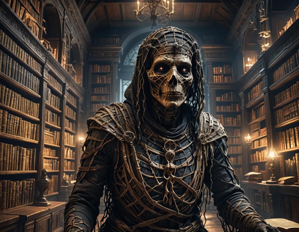 Haunted Mummy in Ancient Library: Dark Fantasy Art
